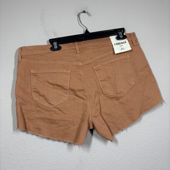 L'Agence 33 Audrey Mid Rise Cut Off Shorts Dark Camel Brown Cotton Blend Pockets - Picture 2 of 7